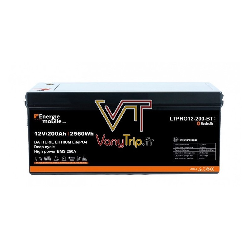 Batterie Lithium LTPro LiFePO4 12 V - 200 Ah - 2560 Wh - BMS 250A  - Bluetooth